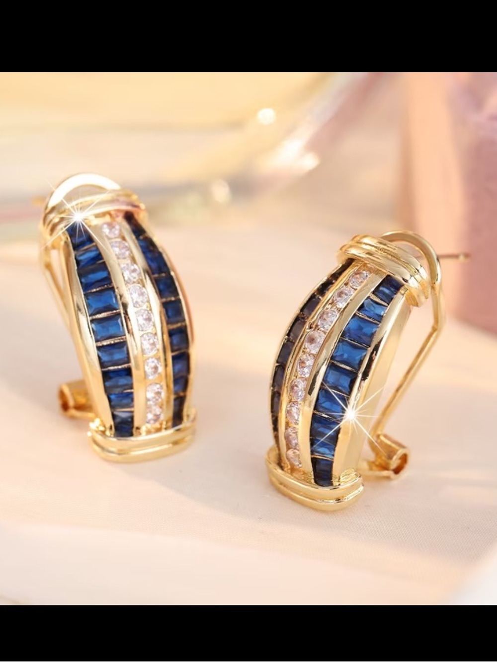 Classic Gold Tone Blue and White Crystal Hoop omega clip stud Earrings NEW